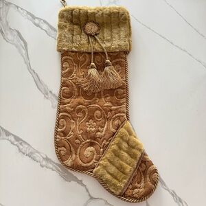 Christmas Stocking Tan Gold Holiday Faux Fur Tassels Rope Trim Velvet Bells